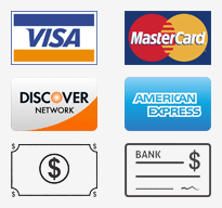 We accept: Visa, Master Card, Discover, Amex, Cash, Checks e.t.c.